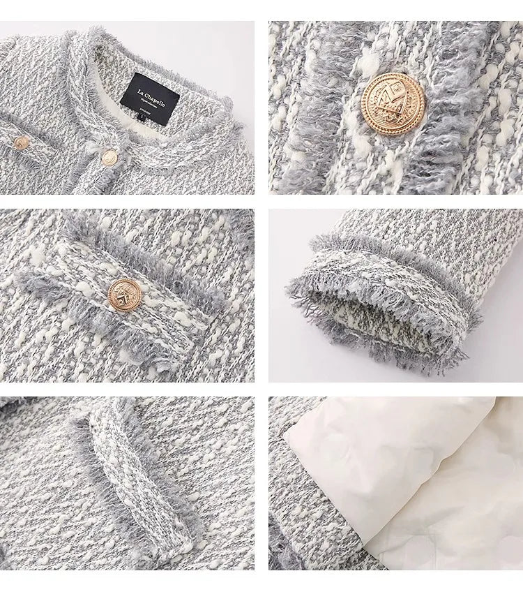 Women's Elegant Two-Piece Tweed Skirt Set Long Sleeve Single Breasted Stripe Coat and Bodycon Office Skirt Autumn Winter Outfit