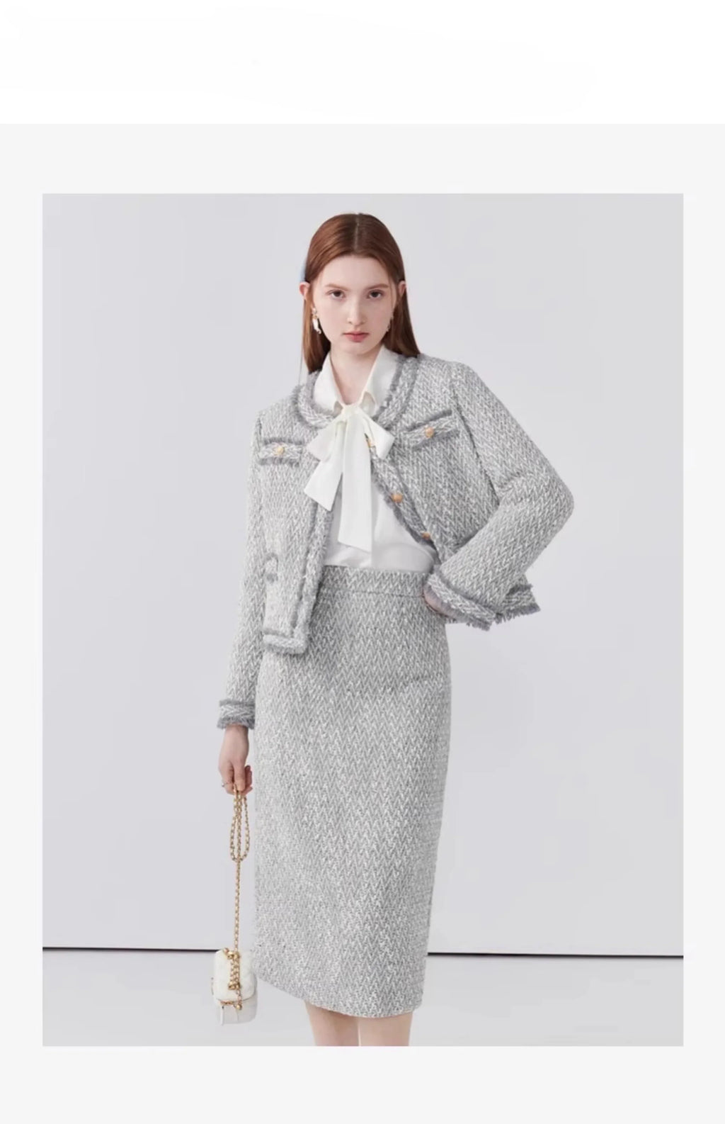 Women's Elegant Two-Piece Tweed Skirt Set Long Sleeve Single Breasted Stripe Coat and Bodycon Office Skirt Autumn Winter Outfit