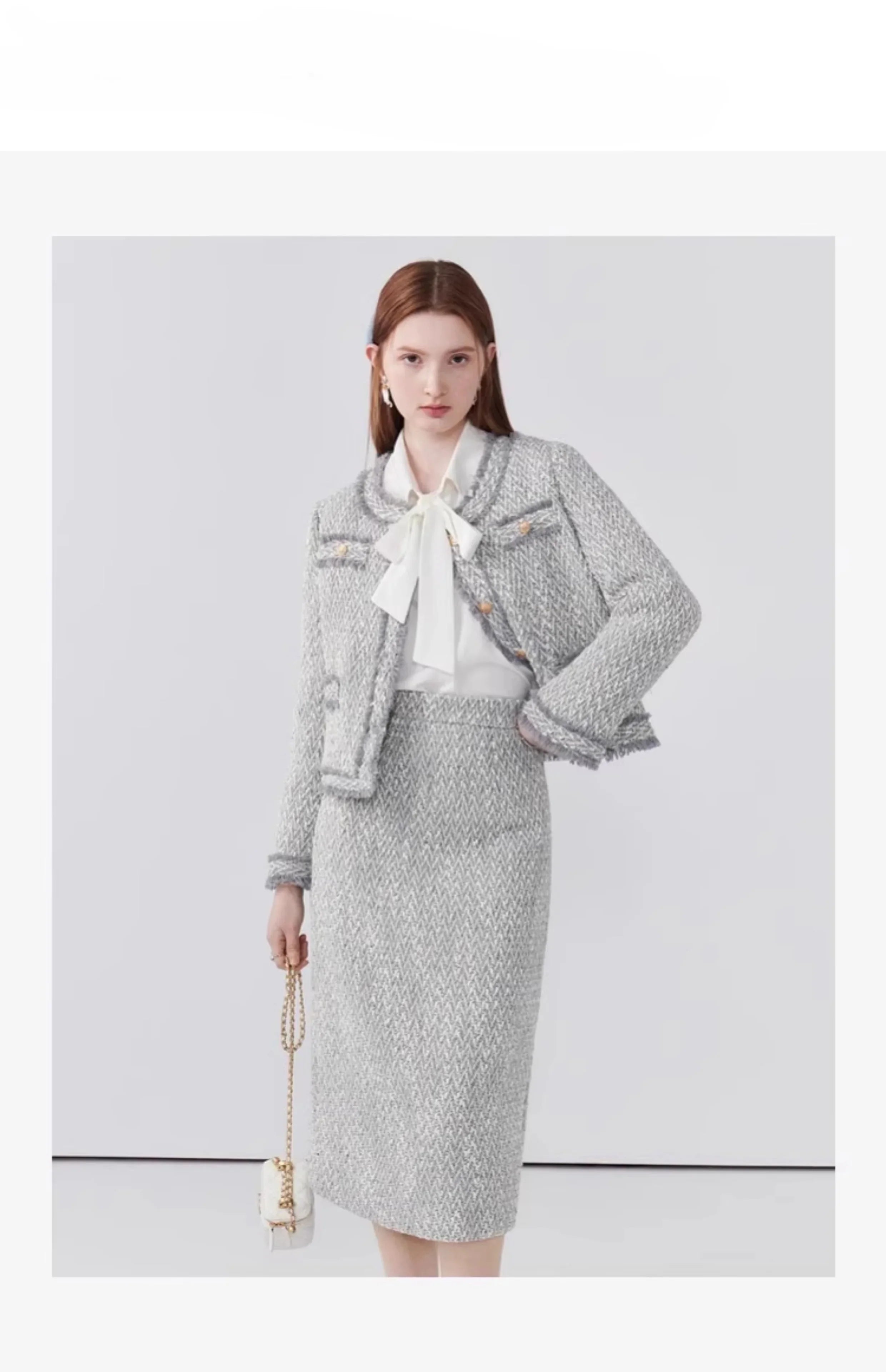 Women's Elegant Two-Piece Tweed Skirt Set Long Sleeve Single Breasted Stripe Coat and Bodycon Office Skirt Autumn Winter Outfit
