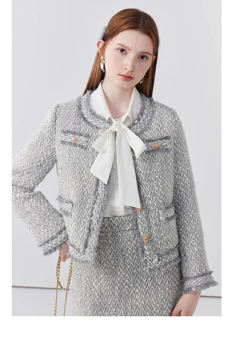 Women's Elegant Two-Piece Tweed Skirt Set Long Sleeve Single Breasted Stripe Coat and Bodycon Office Skirt Autumn Winter Outfit