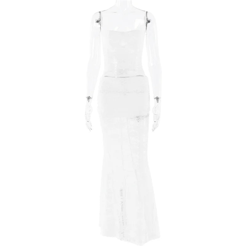 Sexy Lace Mesh Sleeveless Backless Two Piece Set Slim Fit Nightclub Outfit for Women