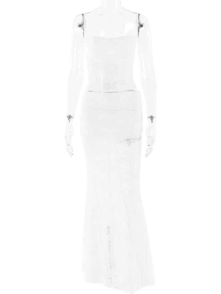 Sexy Lace Mesh Sleeveless Backless Two Piece Set Slim Fit Nightclub Outfit for Women