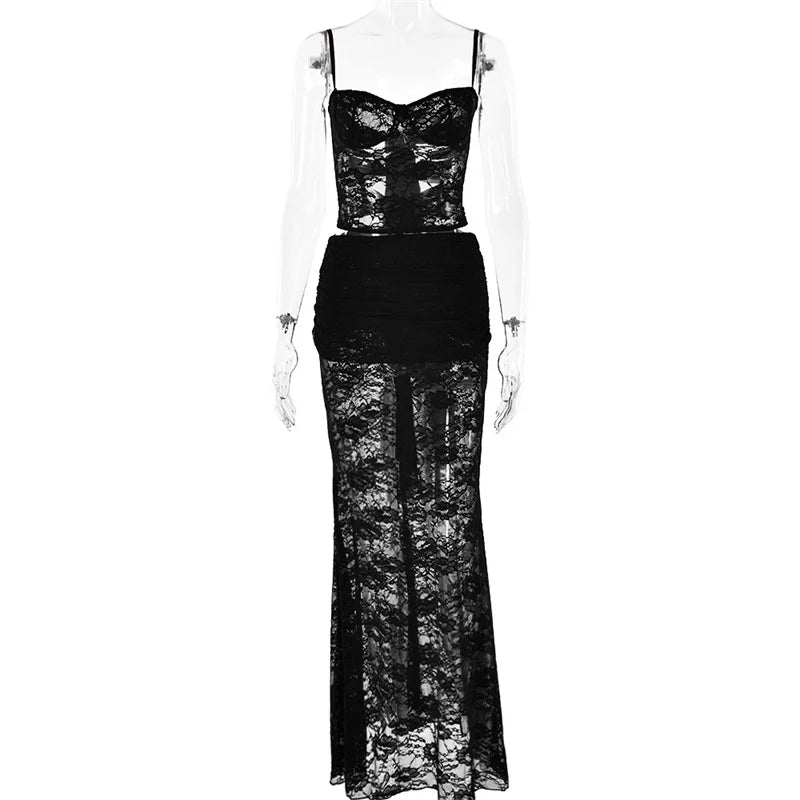 Sexy Lace Mesh Sleeveless Backless Two Piece Set Slim Fit Nightclub Outfit for Women
