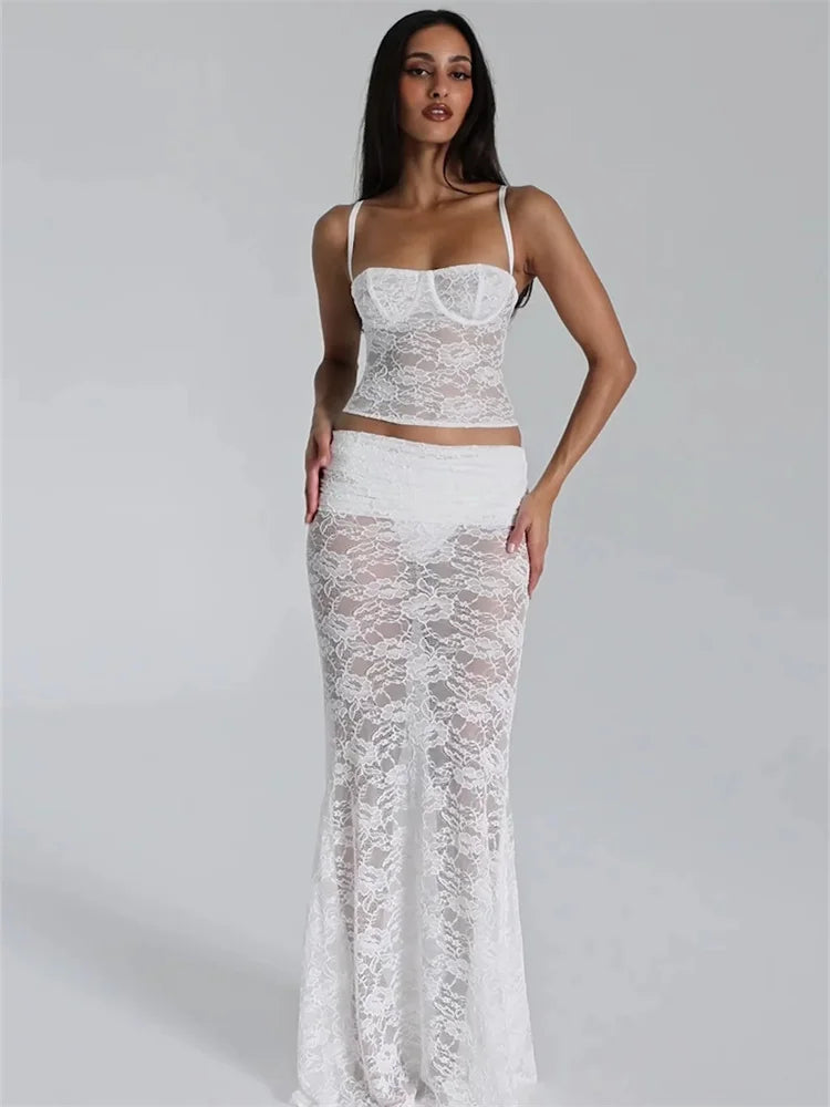 Sexy Lace Mesh Sleeveless Backless Two Piece Set Slim Fit Nightclub Outfit for Women