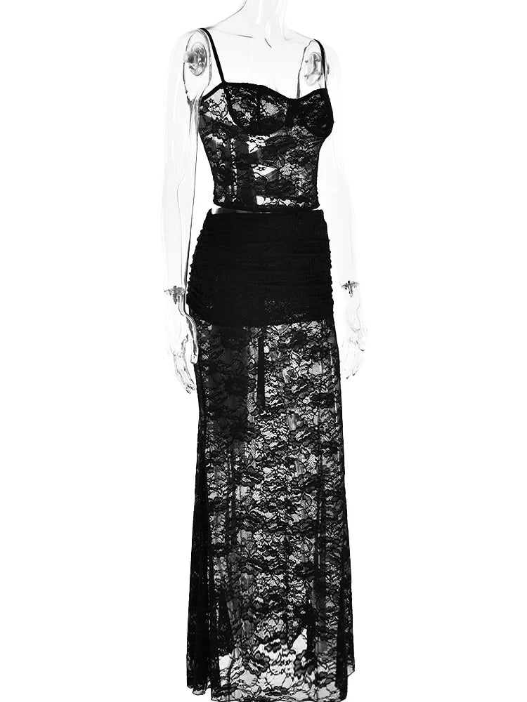 Sexy Lace Mesh Sleeveless Backless Two Piece Set Slim Fit Nightclub Outfit for Women