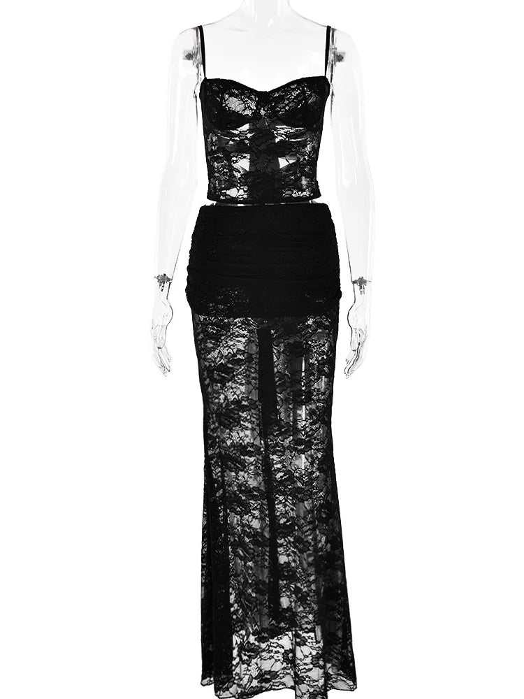 Sexy Lace Mesh Sleeveless Backless Two Piece Set Slim Fit Nightclub Outfit for Women