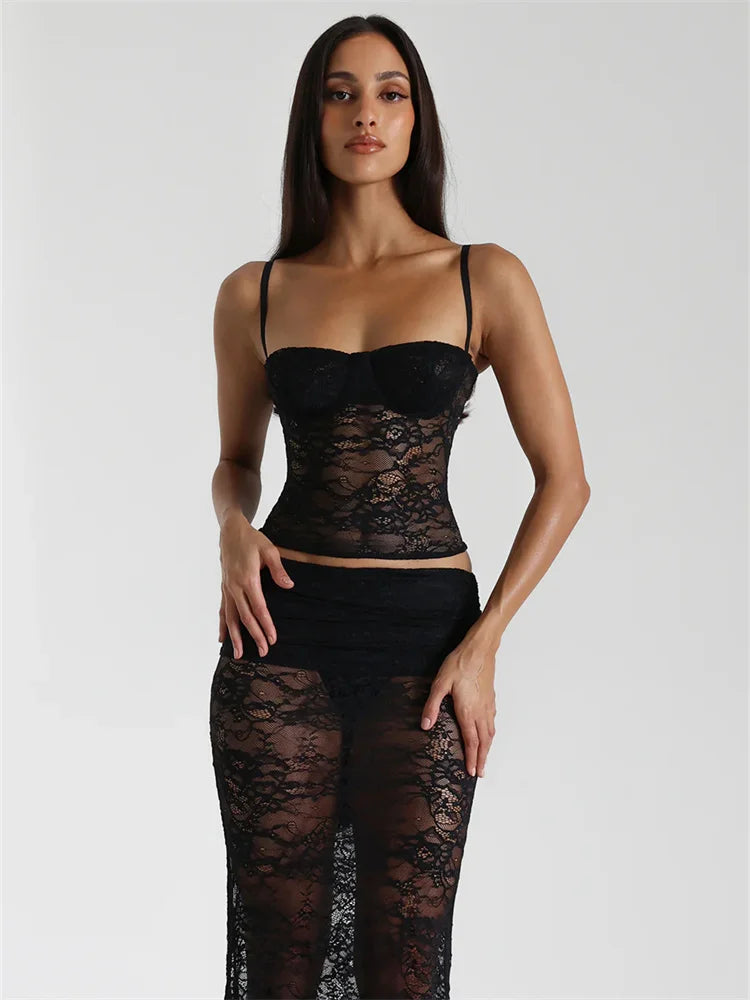 Sexy Lace Mesh Sleeveless Backless Two Piece Set Slim Fit Nightclub Outfit for Women