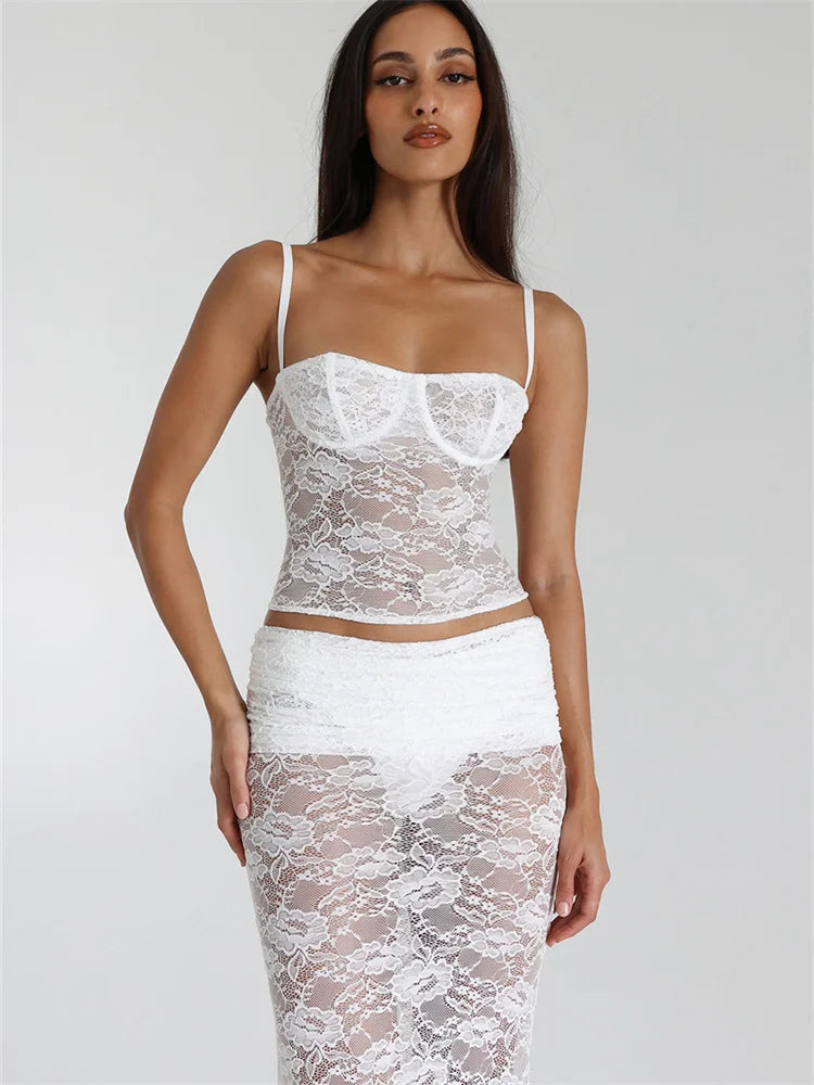 Sexy Lace Mesh Sleeveless Backless Two Piece Set Slim Fit Nightclub Outfit for Women