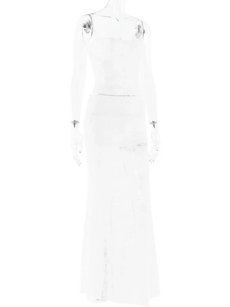 Sexy Lace Mesh Sleeveless Backless Two Piece Set Slim Fit Nightclub Outfit for Women