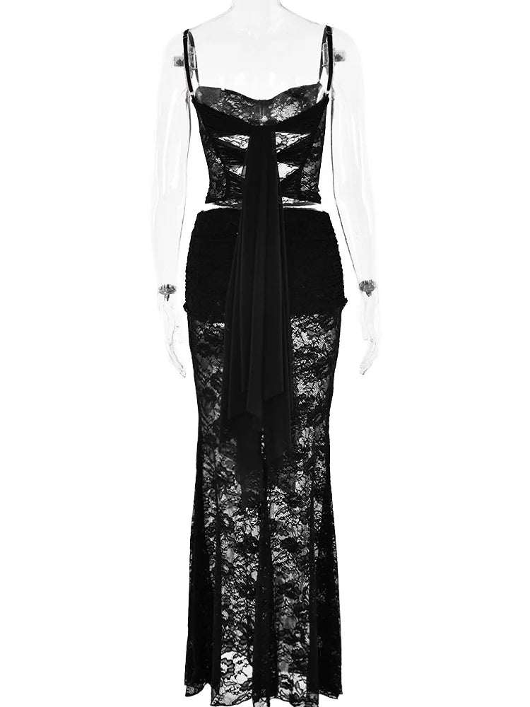 Sexy Lace Mesh Sleeveless Backless Two Piece Set Slim Fit Nightclub Outfit for Women