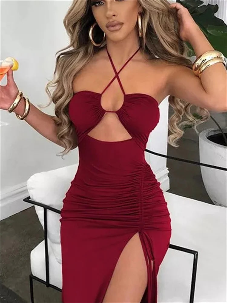 Elegant Hollow Out Drawstring Dress for Women Sleeveless Backless High Split Ruched Party Dress