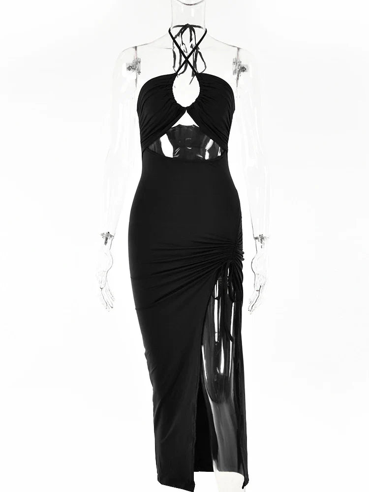 Elegant Hollow Out Drawstring Dress for Women Sleeveless Backless High Split Ruched Party Dress