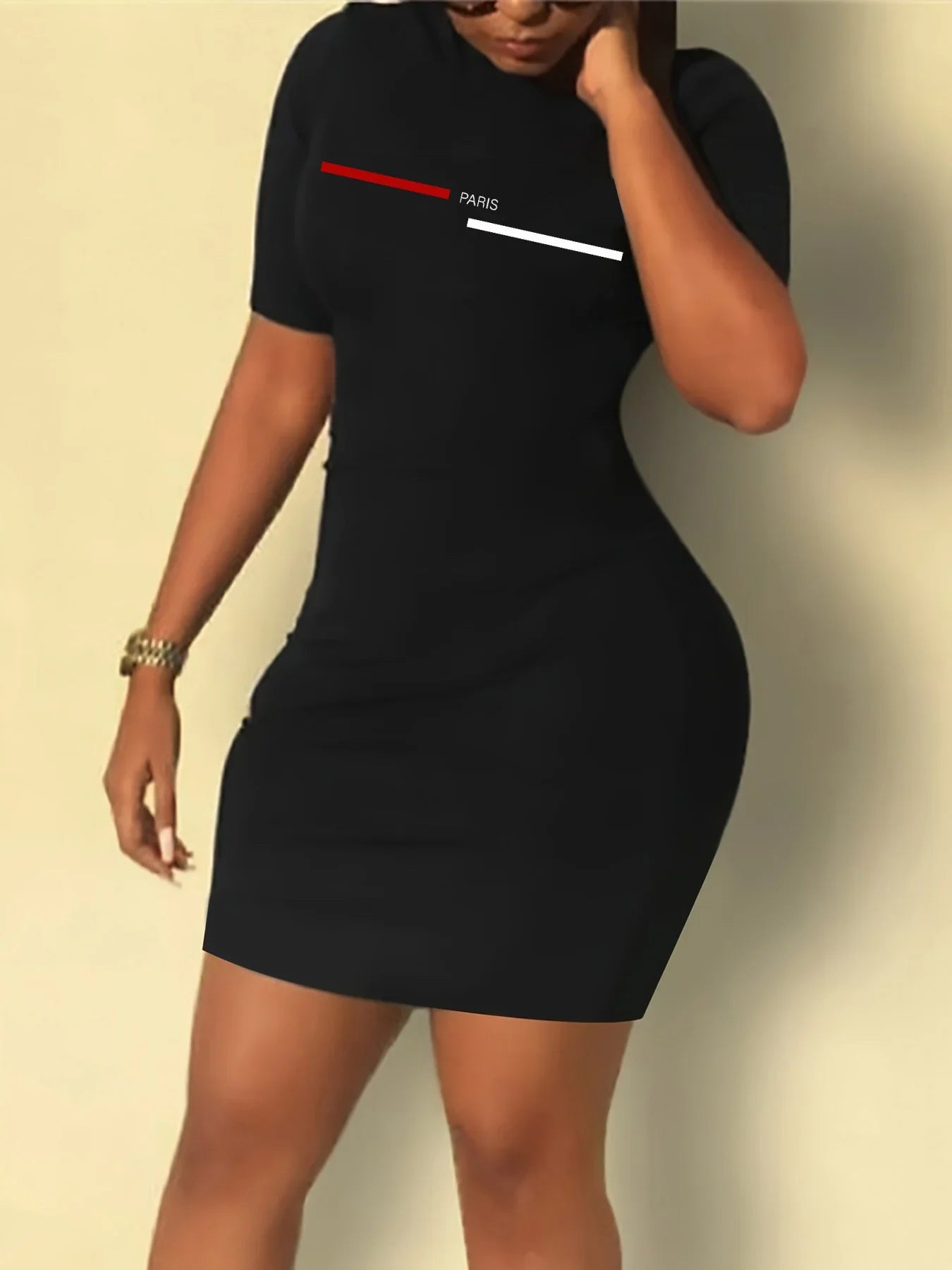 Summer Women's Paris Letter Print Casual Slim Fit Short Sleeve Round Neck T-Shirt Mini Dress