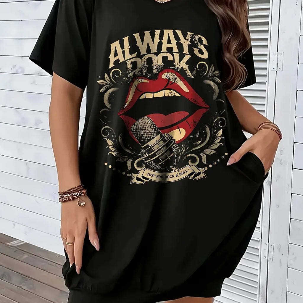 Women's Summer Loose Abstract Face Print Round Neck Short Sleeve Pocket Dress for Casual Comfort and Plus Size Fit