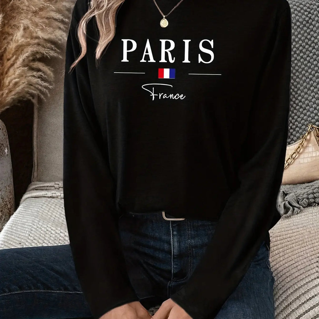 Paris Women's Summer Print Oversized Loose Fit Casual Round Neck Long Sleeve T-Shirt Top Fashion Streetwear Oversized O-Neck Tee