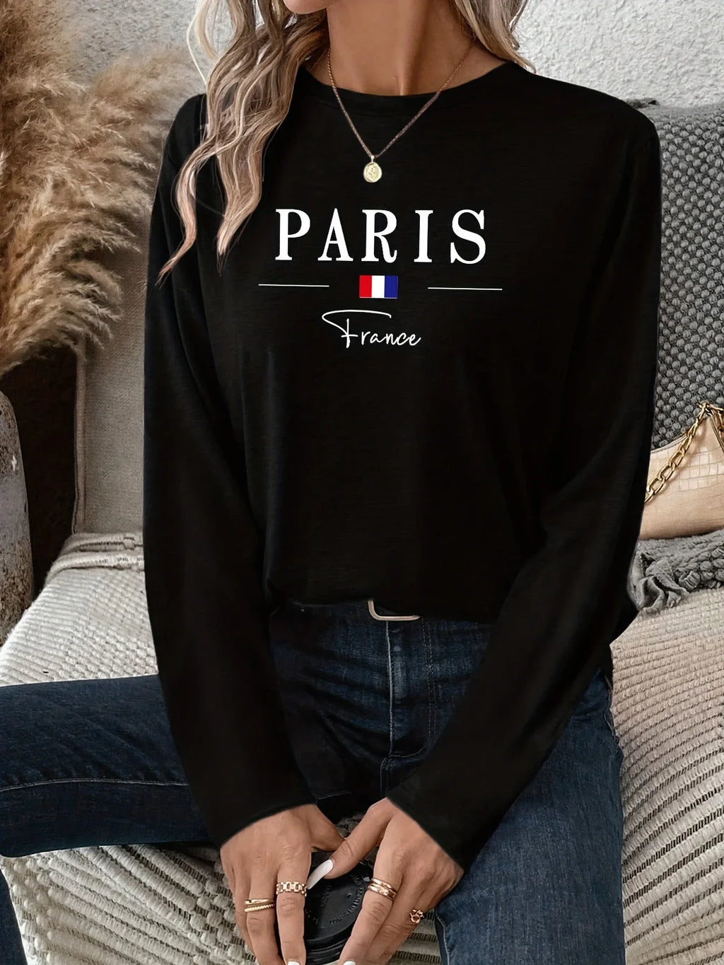 Paris Women's Summer Print Oversized Loose Fit Casual Round Neck Long Sleeve T-Shirt Top Fashion Streetwear Oversized O-Neck Tee