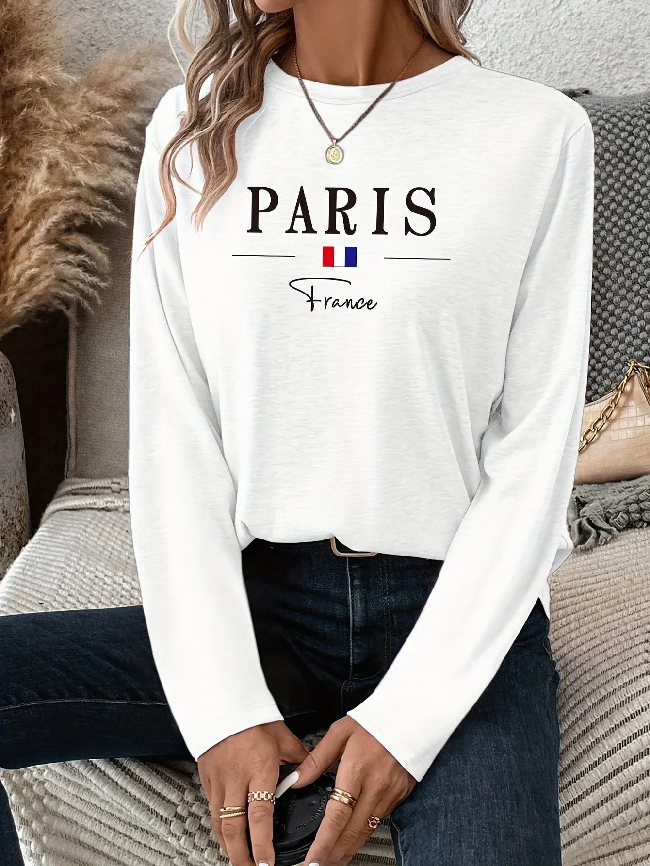 Paris Women's Summer Print Oversized Loose Fit Casual Round Neck Long Sleeve T-Shirt Top Fashion Streetwear Oversized O-Neck Tee