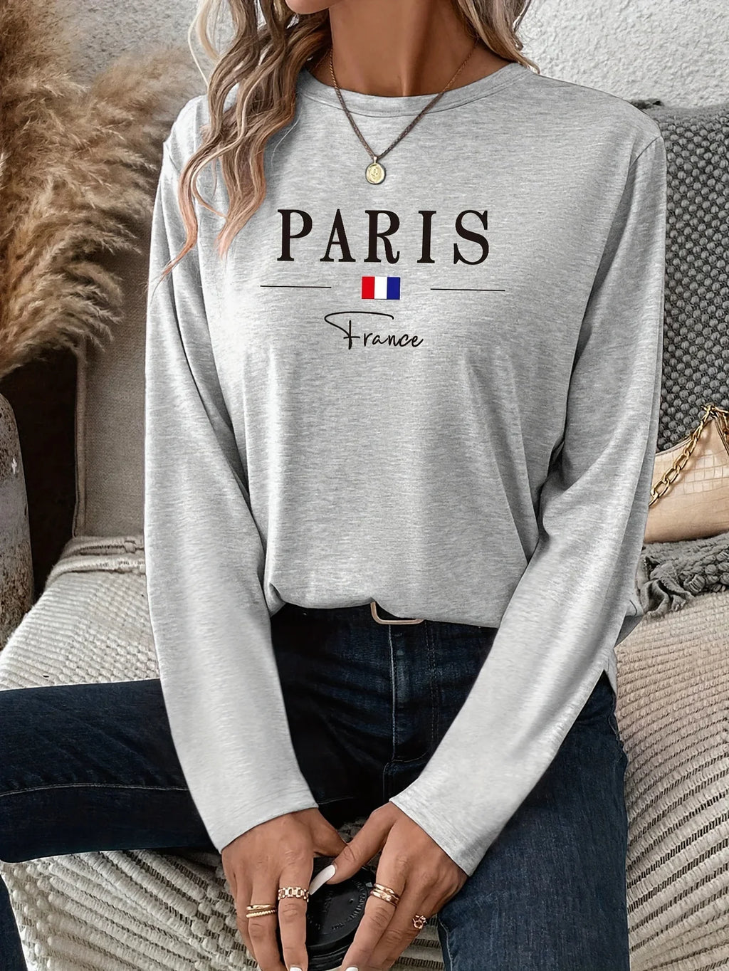 Paris Women's Summer Print Oversized Loose Fit Casual Round Neck Long Sleeve T-Shirt Top Fashion Streetwear Oversized O-Neck Tee