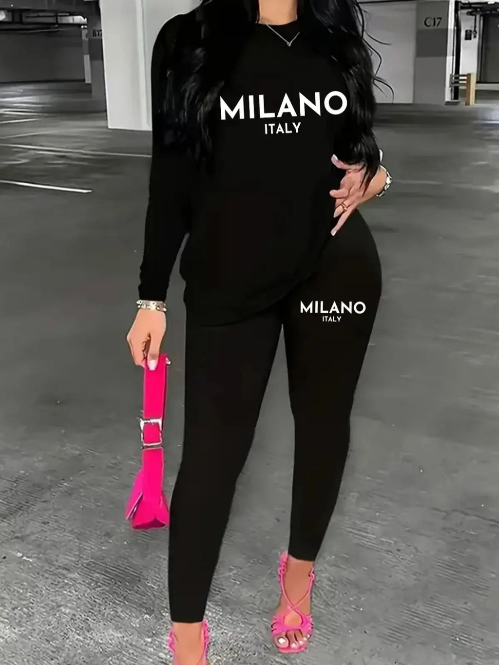 Oversized Black Milano Print T-Shirt and Long Pant Two-Piece Set for Women with Paris Graphic and Round Neck Long Sleeves