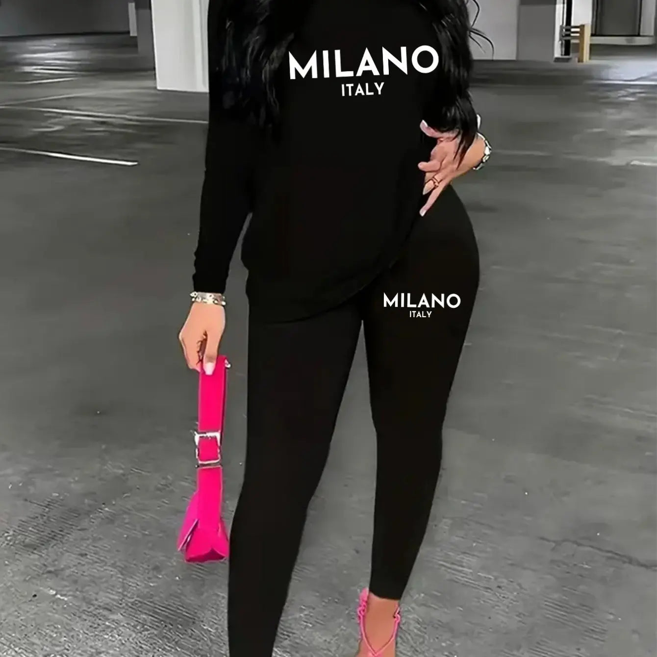 Oversized Black Milano Print T-Shirt and Long Pant Two-Piece Set for Women with Paris Graphic and Round Neck Long Sleeves