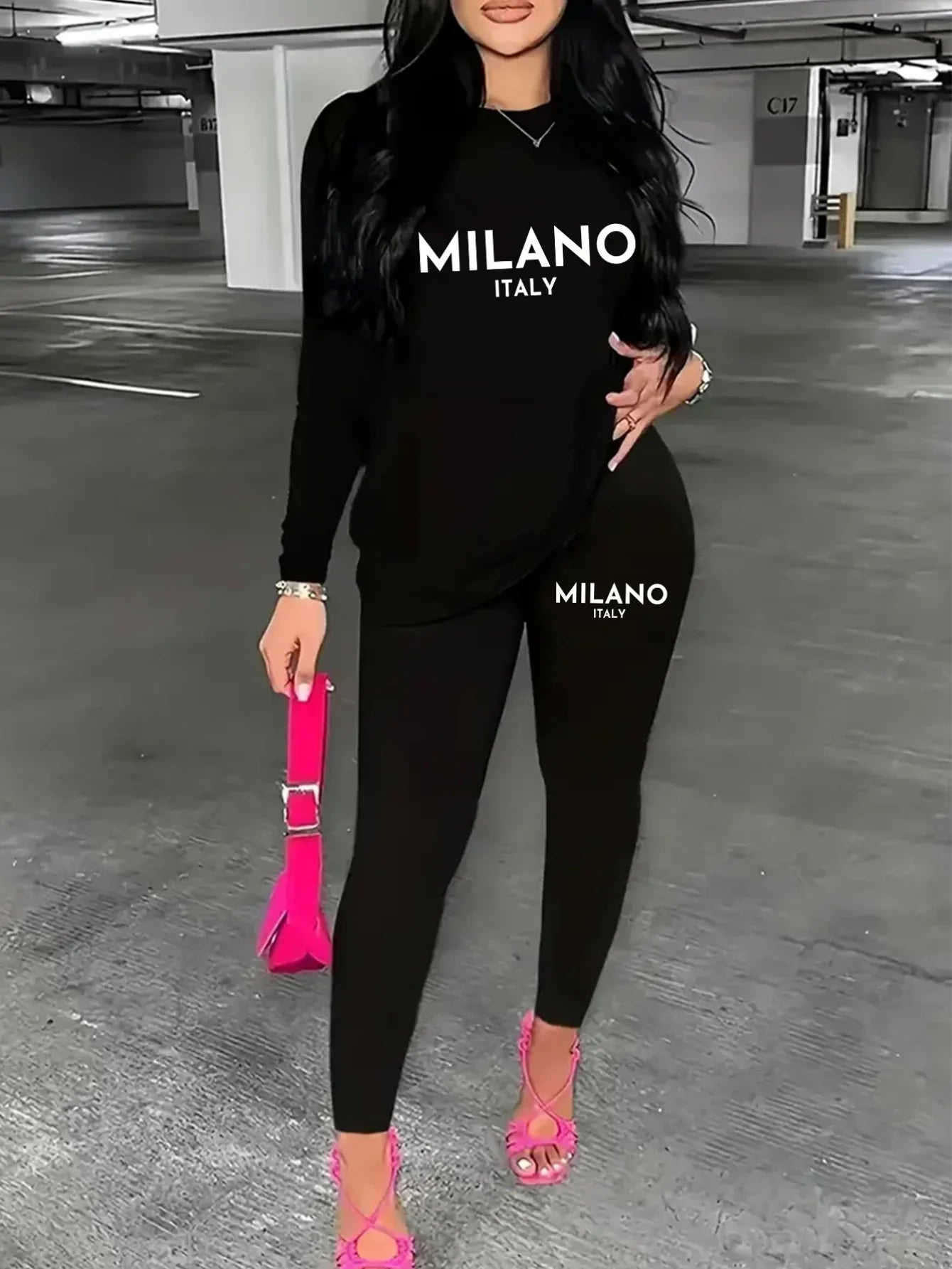 Oversized Black Milano Print T-Shirt and Long Pant Two-Piece Set for Women with Paris Graphic and Round Neck Long Sleeves