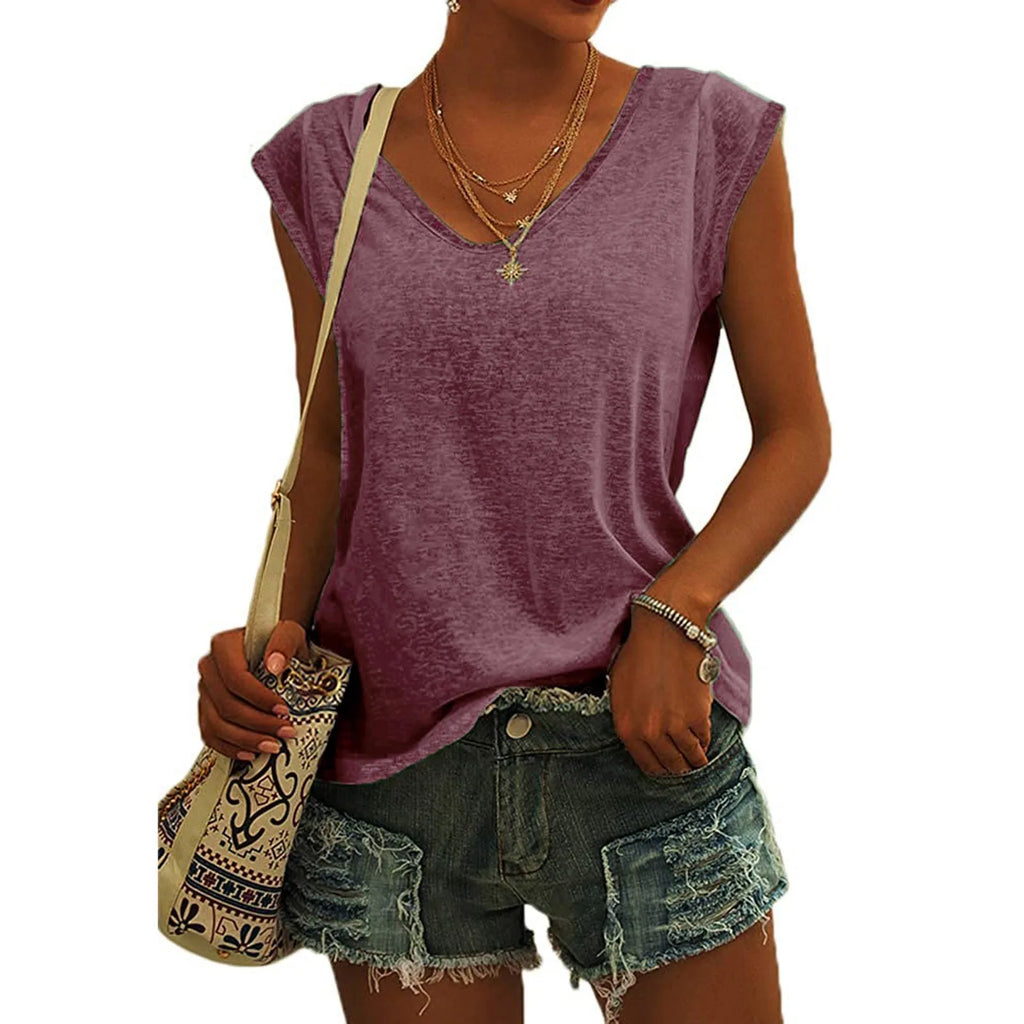 Women's V-Neck Casual Cap Sleeve T-Shirt Loose Fit Solid Color Soft Cotton Blend Blouse Tank Top for Everyday Wear