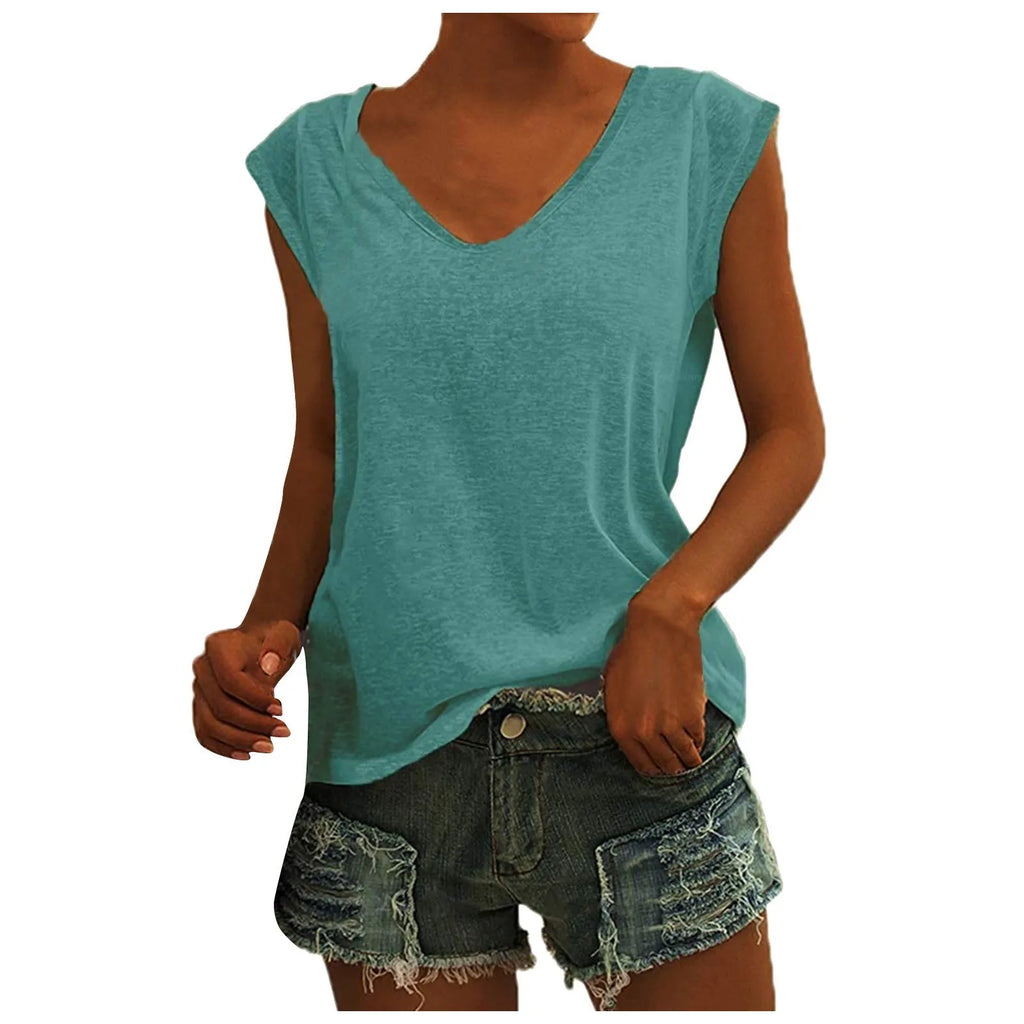 Women's V-Neck Casual Cap Sleeve T-Shirt Loose Fit Solid Color Soft Cotton Blend Blouse Tank Top for Everyday Wear