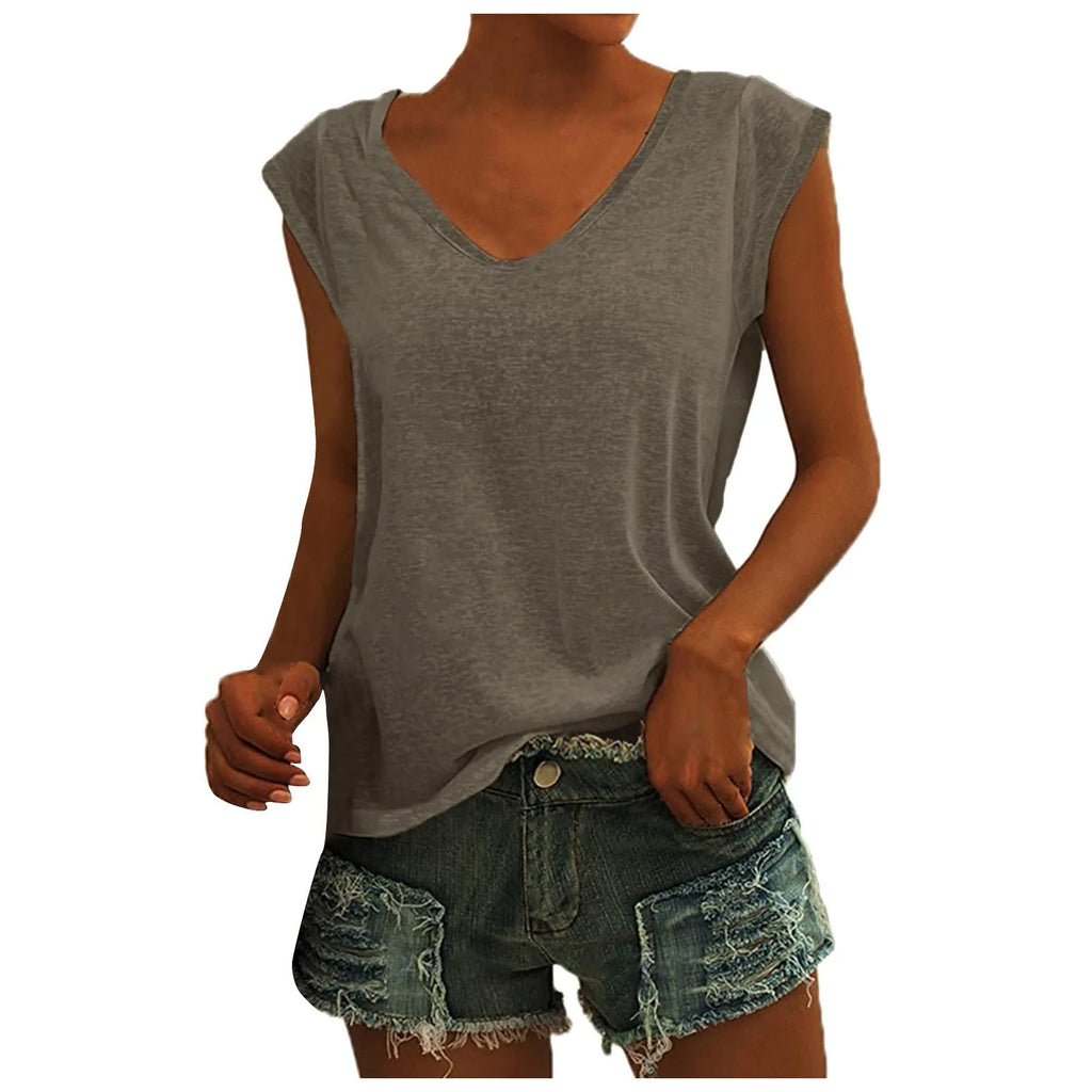 Women's V-Neck Casual Cap Sleeve T-Shirt Loose Fit Solid Color Soft Cotton Blend Blouse Tank Top for Everyday Wear