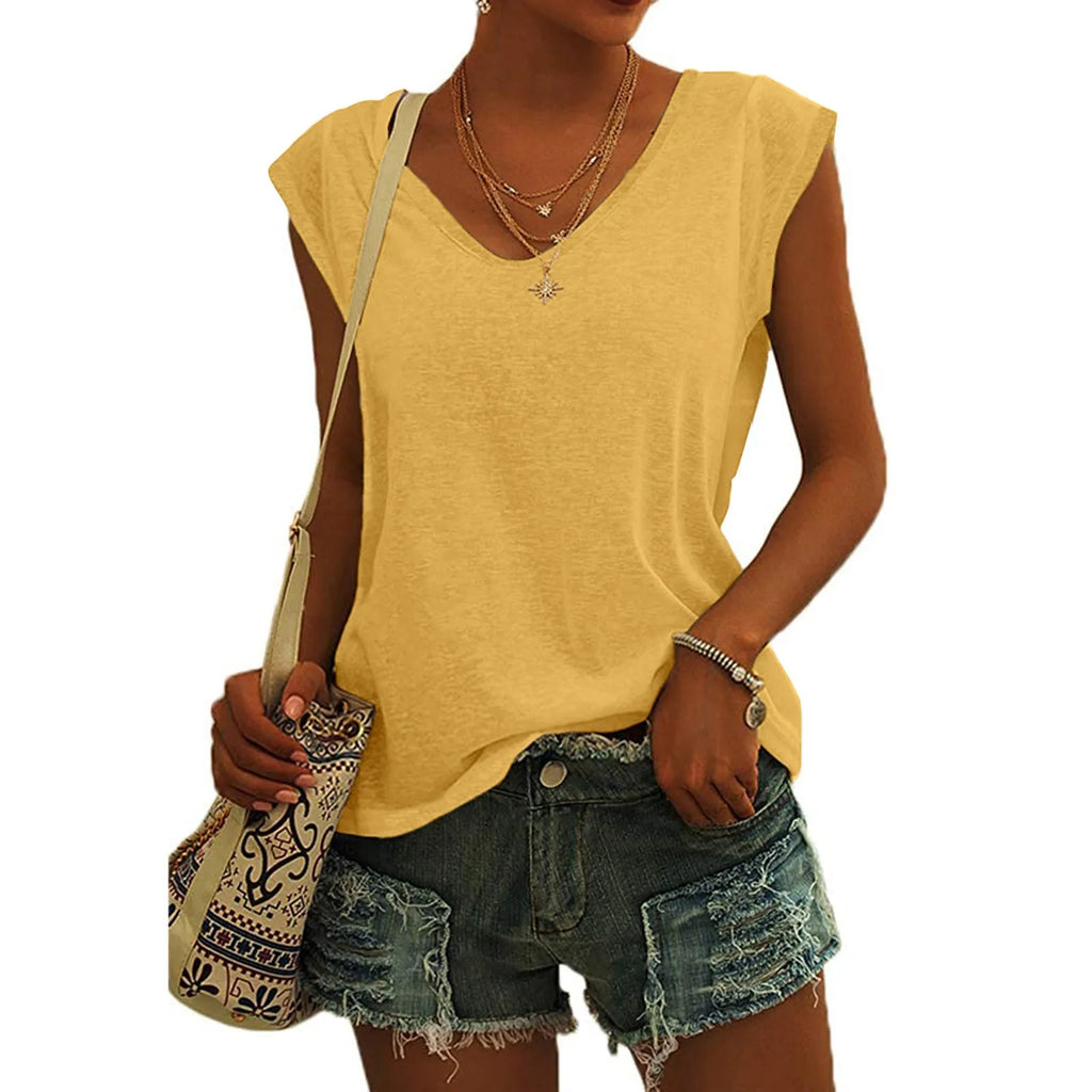 Women's V-Neck Casual Cap Sleeve T-Shirt Loose Fit Solid Color Soft Cotton Blend Blouse Tank Top for Everyday Wear
