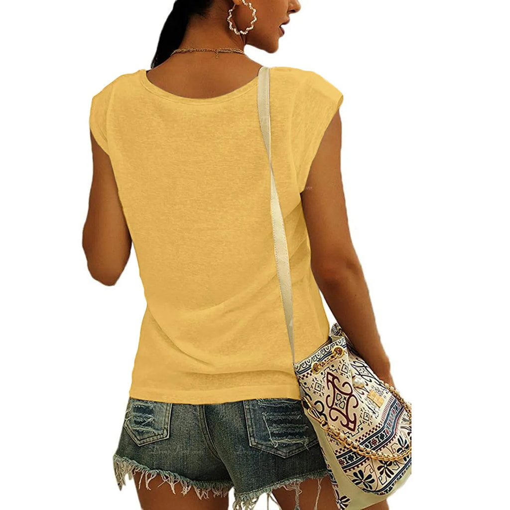 Women's V-Neck Casual Cap Sleeve T-Shirt Loose Fit Solid Color Soft Cotton Blend Blouse Tank Top for Everyday Wear