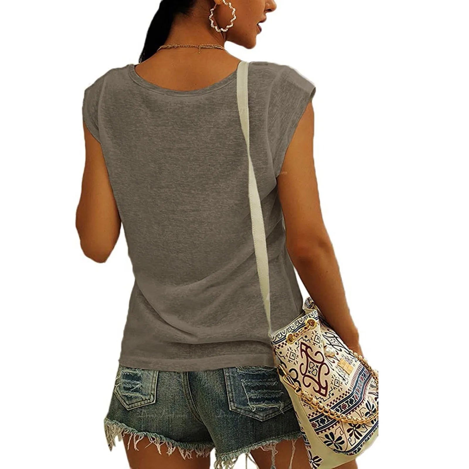 Women's V-Neck Casual Cap Sleeve T-Shirt Loose Fit Solid Color Soft Cotton Blend Blouse Tank Top for Everyday Wear