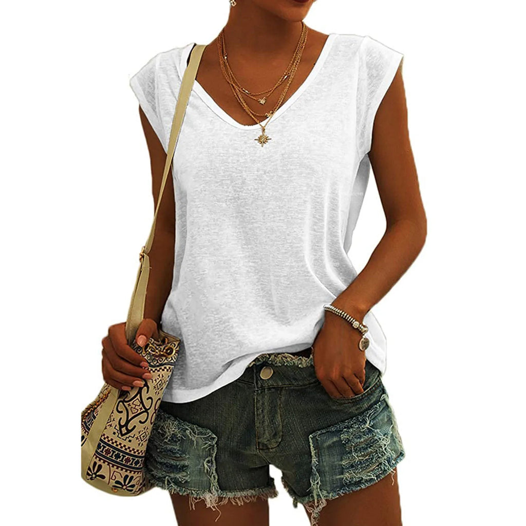 Women's V-Neck Casual Cap Sleeve T-Shirt Loose Fit Solid Color Soft Cotton Blend Blouse Tank Top for Everyday Wear