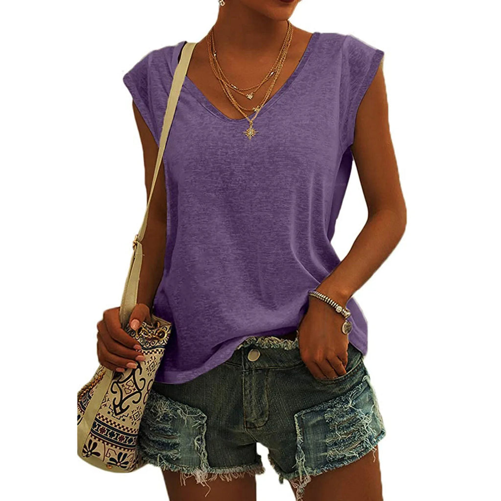 Women's V-Neck Casual Cap Sleeve T-Shirt Loose Fit Solid Color Soft Cotton Blend Blouse Tank Top for Everyday Wear