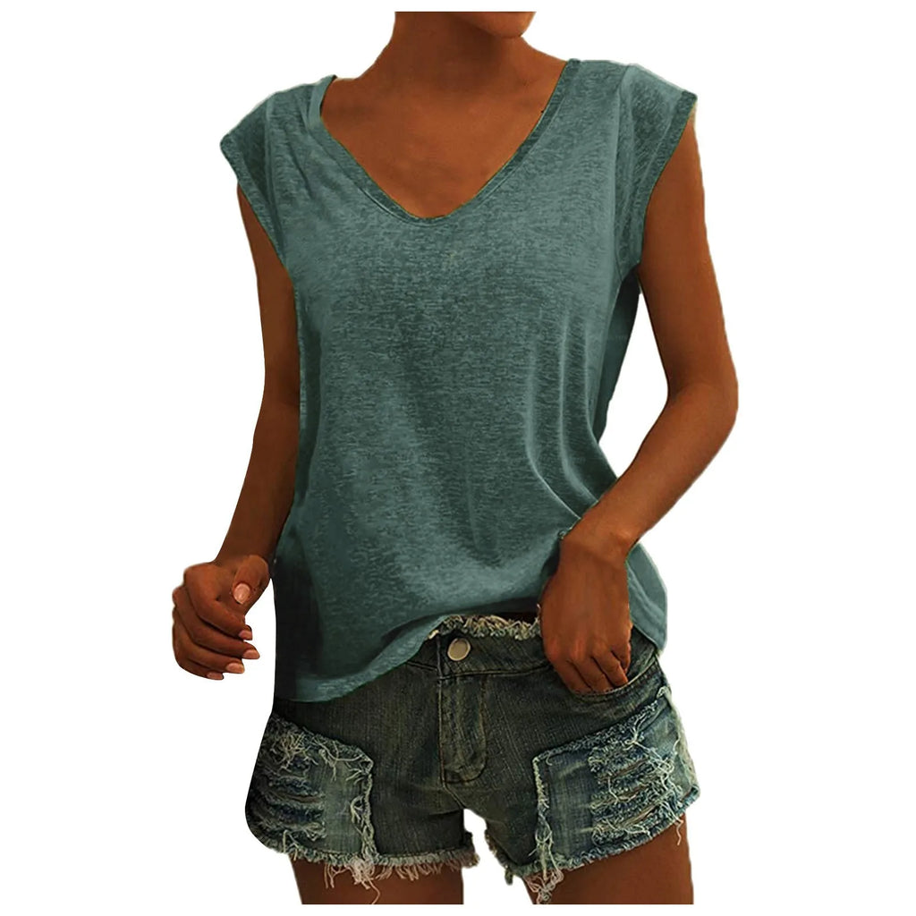 Women's V-Neck Casual Cap Sleeve T-Shirt Loose Fit Solid Color Soft Cotton Blend Blouse Tank Top for Everyday Wear