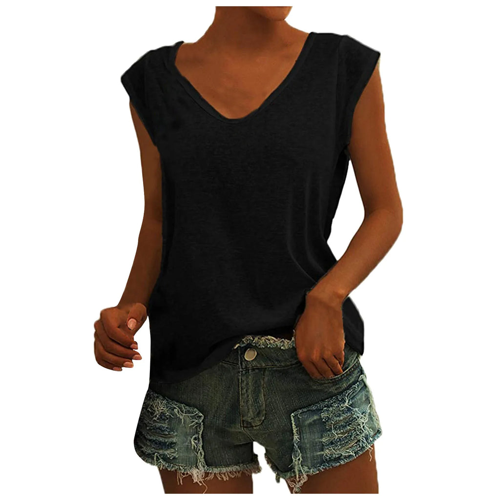 Women's V-Neck Casual Cap Sleeve T-Shirt Loose Fit Solid Color Soft Cotton Blend Blouse Tank Top for Everyday Wear