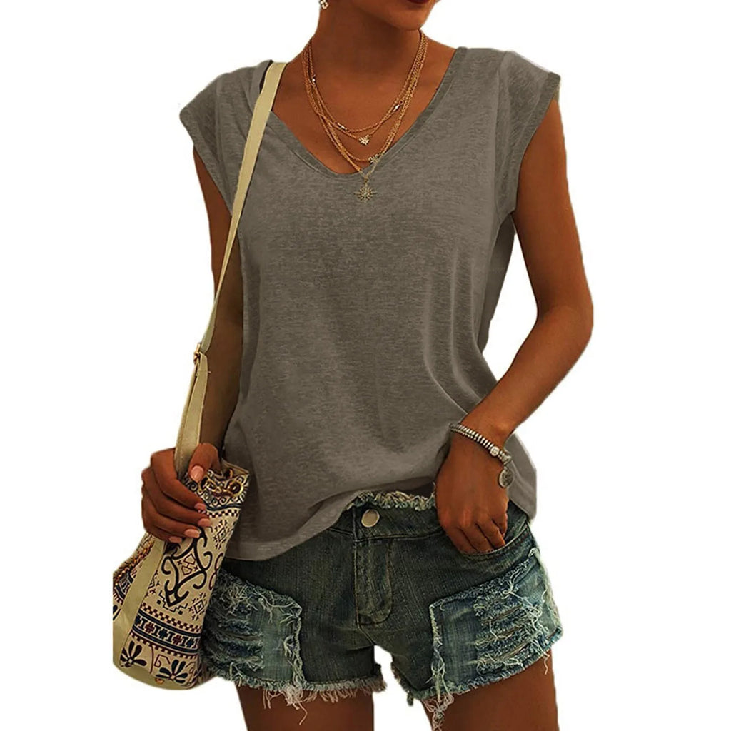 Women's V-Neck Casual Cap Sleeve T-Shirt Loose Fit Solid Color Soft Cotton Blend Blouse Tank Top for Everyday Wear