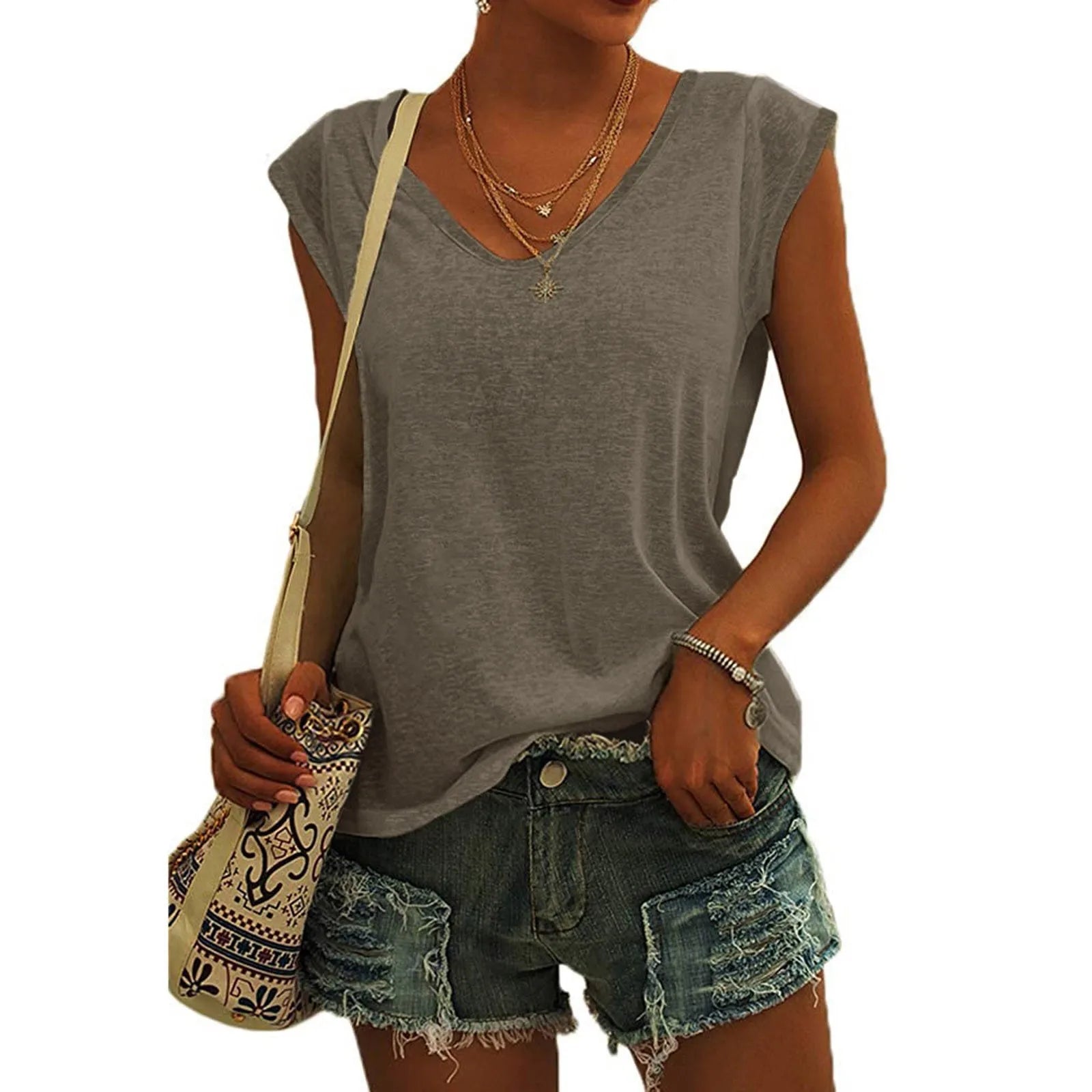 Women's V-Neck Casual Cap Sleeve T-Shirt Loose Fit Solid Color Soft Cotton Blend Blouse Tank Top for Everyday Wear