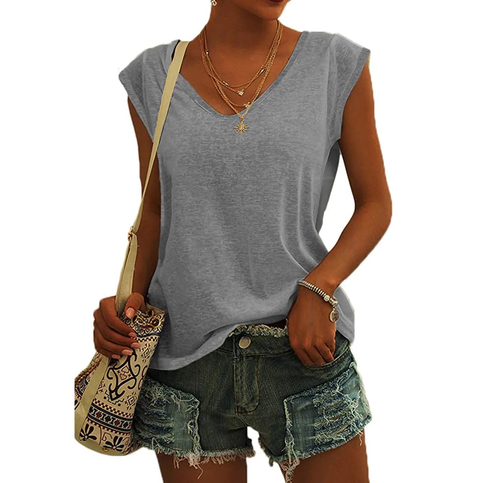 Women's V-Neck Casual Cap Sleeve T-Shirt Loose Fit Solid Color Soft Cotton Blend Blouse Tank Top for Everyday Wear