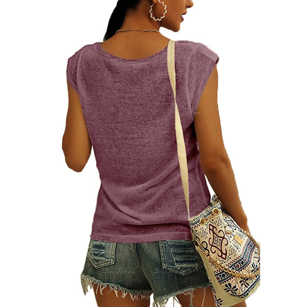 Women's V-Neck Casual Cap Sleeve T-Shirt Loose Fit Solid Color Soft Cotton Blend Blouse Tank Top for Everyday Wear