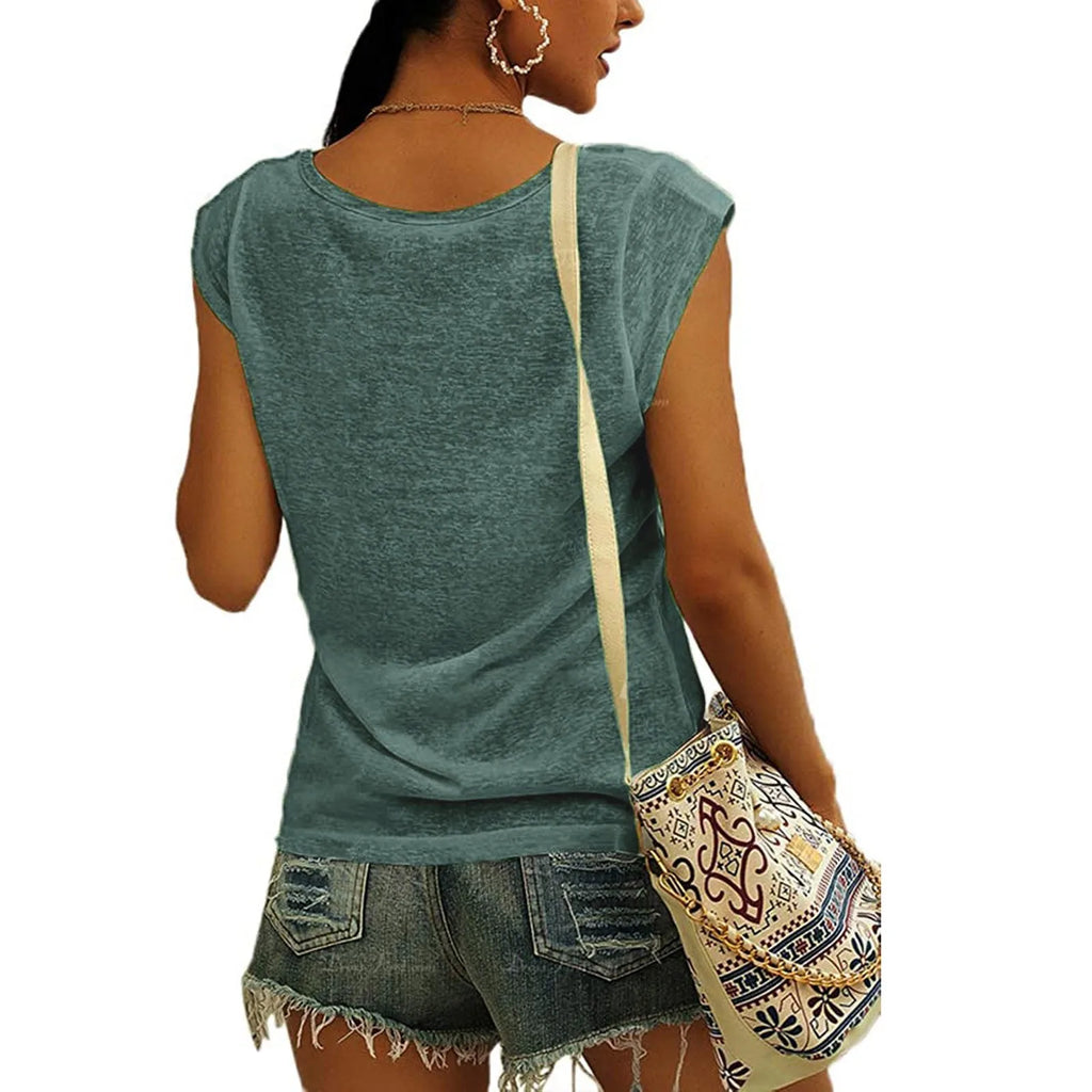 Women's V-Neck Casual Cap Sleeve T-Shirt Loose Fit Solid Color Soft Cotton Blend Blouse Tank Top for Everyday Wear