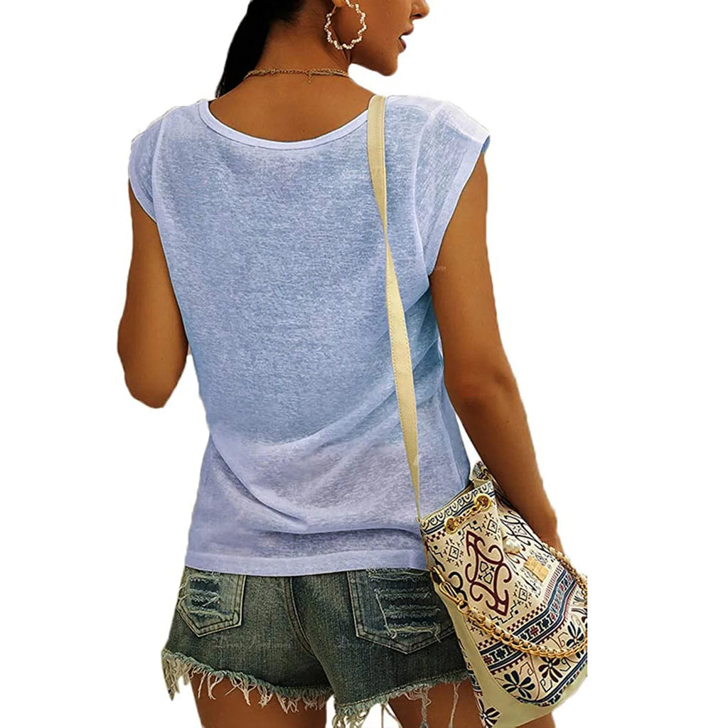 Women's V-Neck Casual Cap Sleeve T-Shirt Loose Fit Solid Color Soft Cotton Blend Blouse Tank Top for Everyday Wear