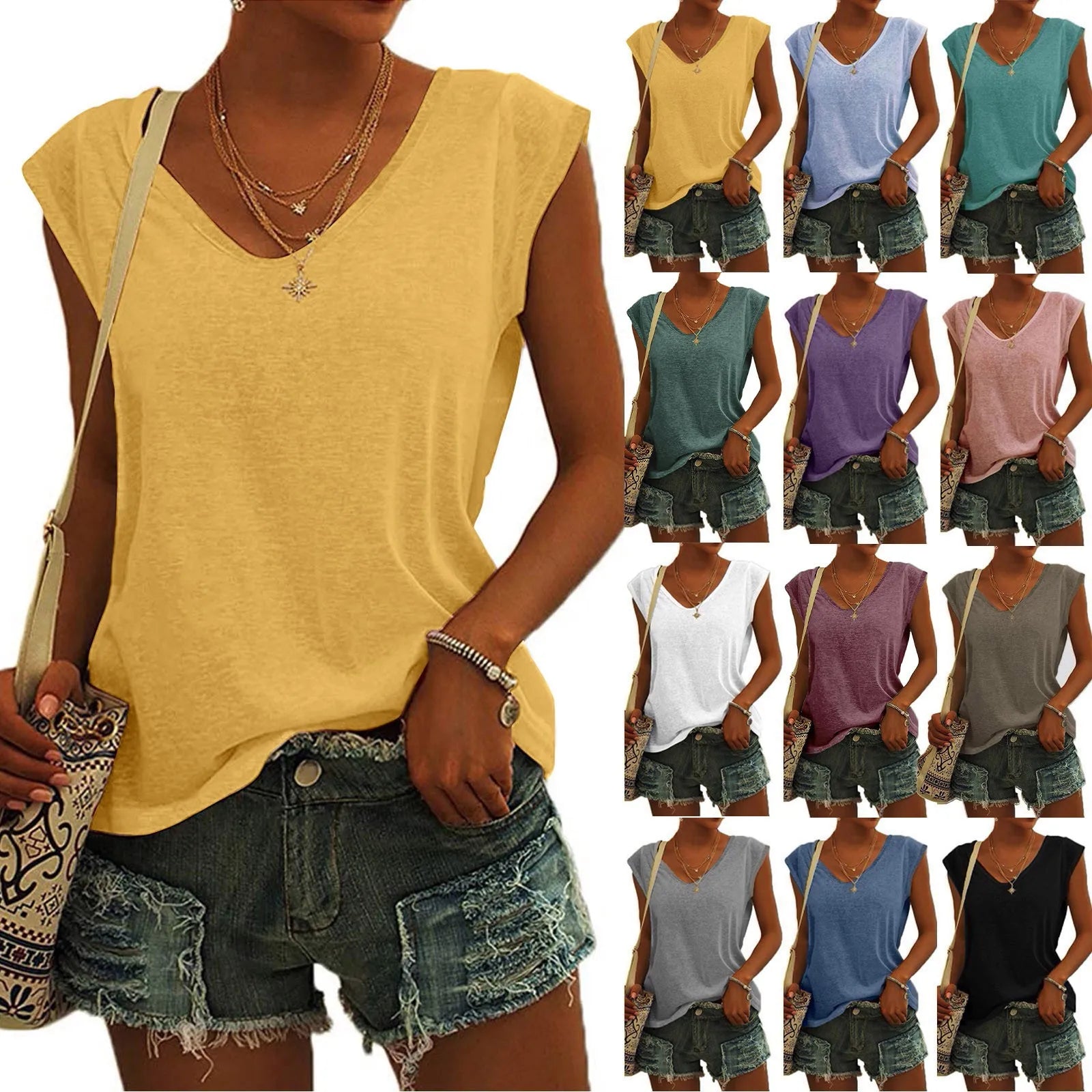 Women's V-Neck Casual Cap Sleeve T-Shirt Loose Fit Solid Color Soft Cotton Blend Blouse Tank Top for Everyday Wear