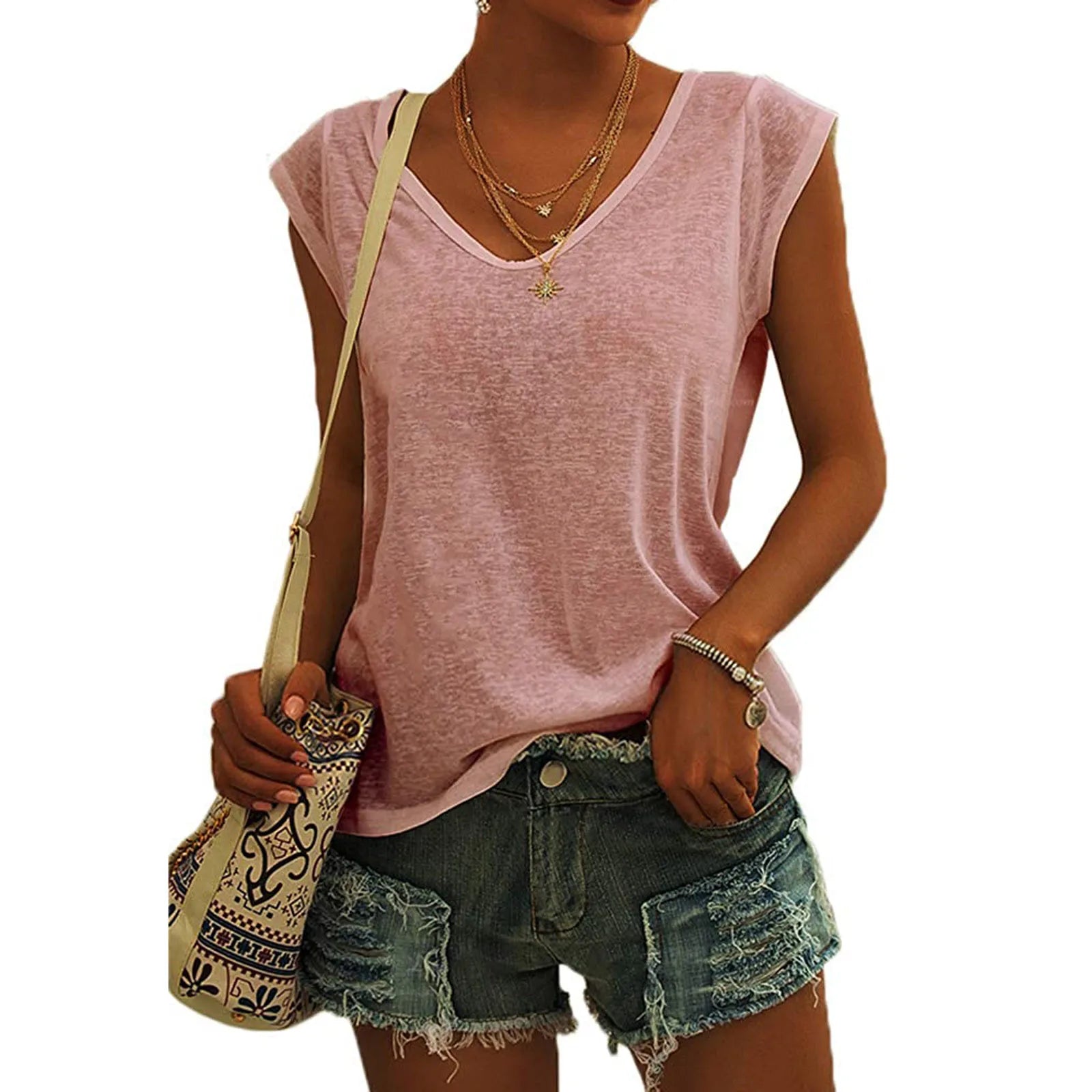 Women's V-Neck Casual Cap Sleeve T-Shirt Loose Fit Solid Color Soft Cotton Blend Blouse Tank Top for Everyday Wear