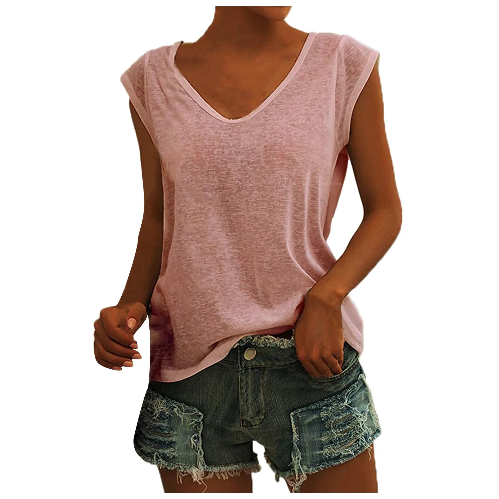 Women's V-Neck Casual Cap Sleeve T-Shirt Loose Fit Solid Color Soft Cotton Blend Blouse Tank Top for Everyday Wear