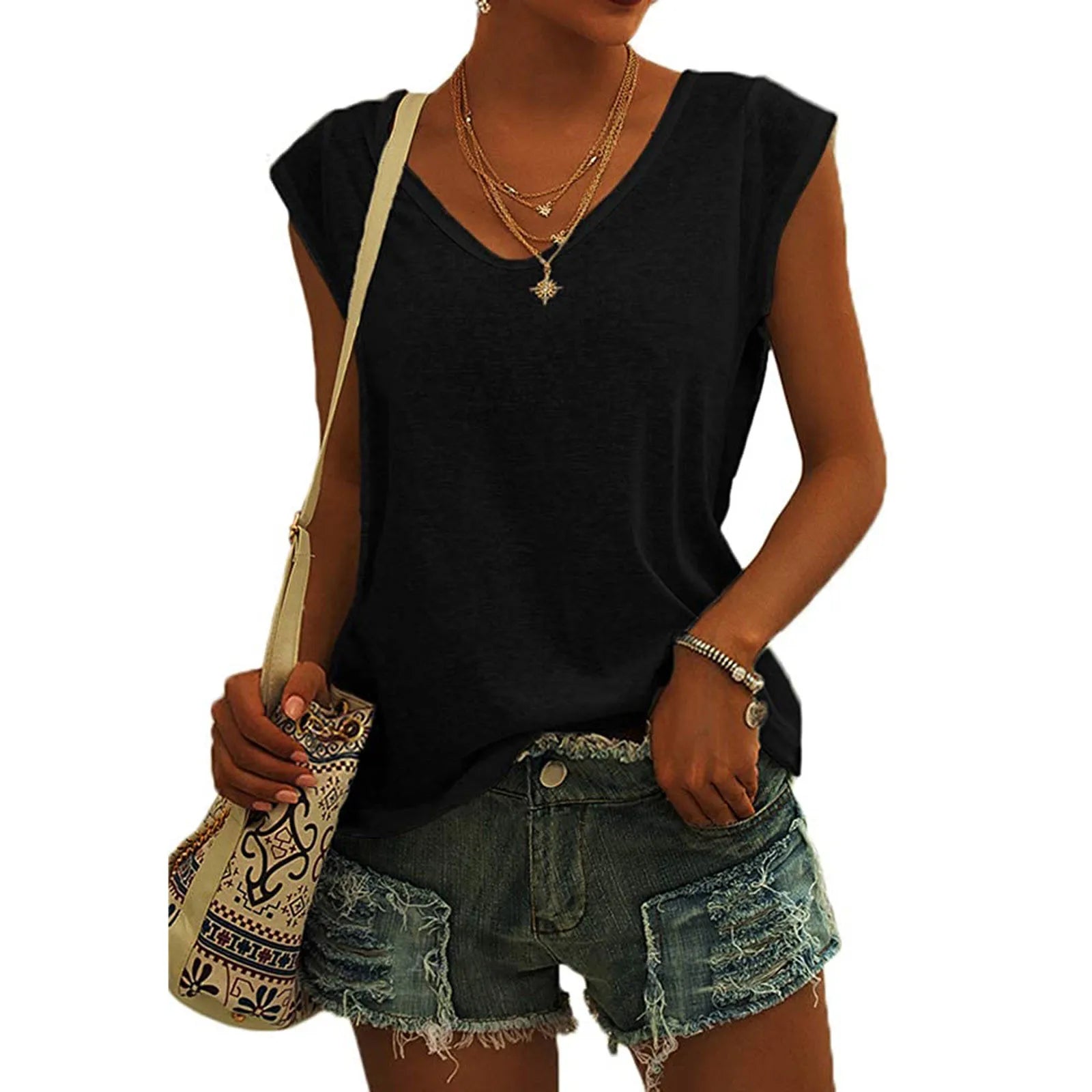 Women's V-Neck Casual Cap Sleeve T-Shirt Loose Fit Solid Color Soft Cotton Blend Blouse Tank Top for Everyday Wear