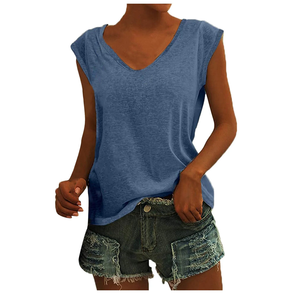 Women's V-Neck Casual Cap Sleeve T-Shirt Loose Fit Solid Color Soft Cotton Blend Blouse Tank Top for Everyday Wear