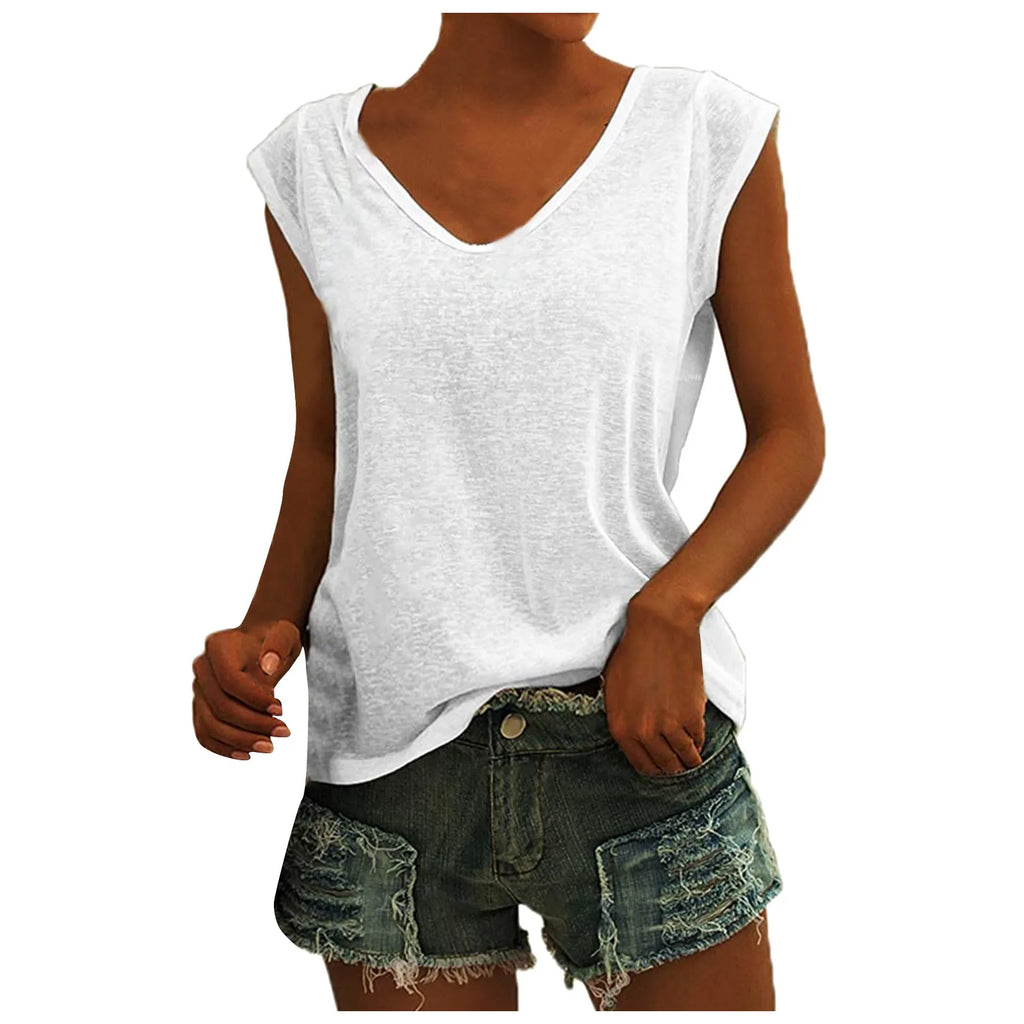 Women's V-Neck Casual Cap Sleeve T-Shirt Loose Fit Solid Color Soft Cotton Blend Blouse Tank Top for Everyday Wear
