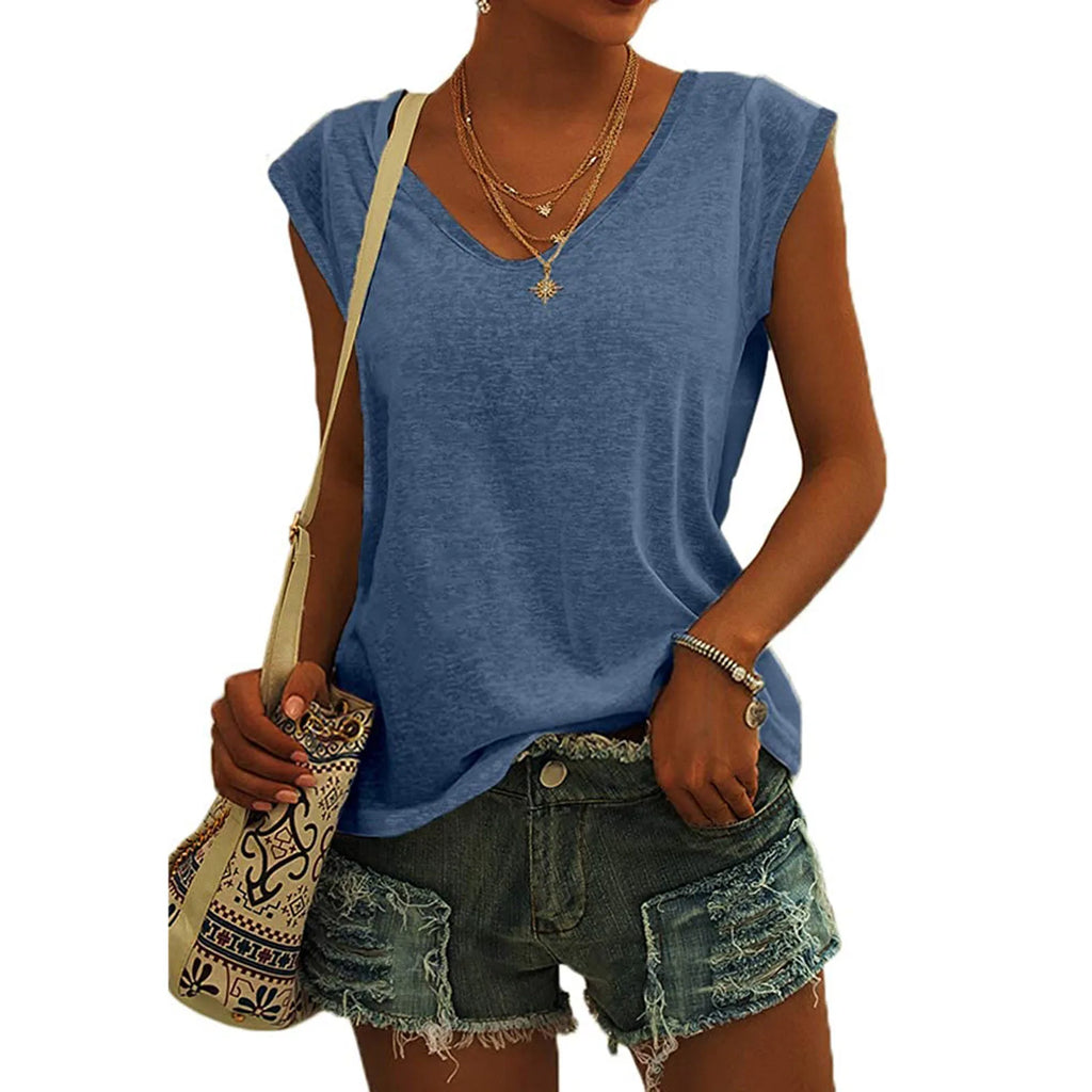 Women's V-Neck Casual Cap Sleeve T-Shirt Loose Fit Solid Color Soft Cotton Blend Blouse Tank Top for Everyday Wear