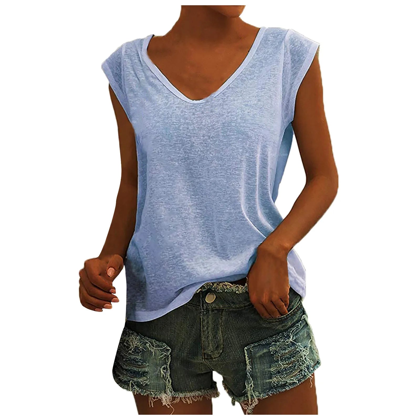 Women's V-Neck Casual Cap Sleeve T-Shirt Loose Fit Solid Color Soft Cotton Blend Blouse Tank Top for Everyday Wear