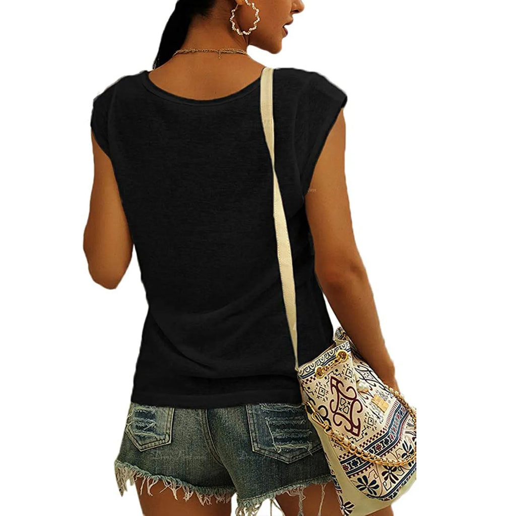 Women's V-Neck Casual Cap Sleeve T-Shirt Loose Fit Solid Color Soft Cotton Blend Blouse Tank Top for Everyday Wear